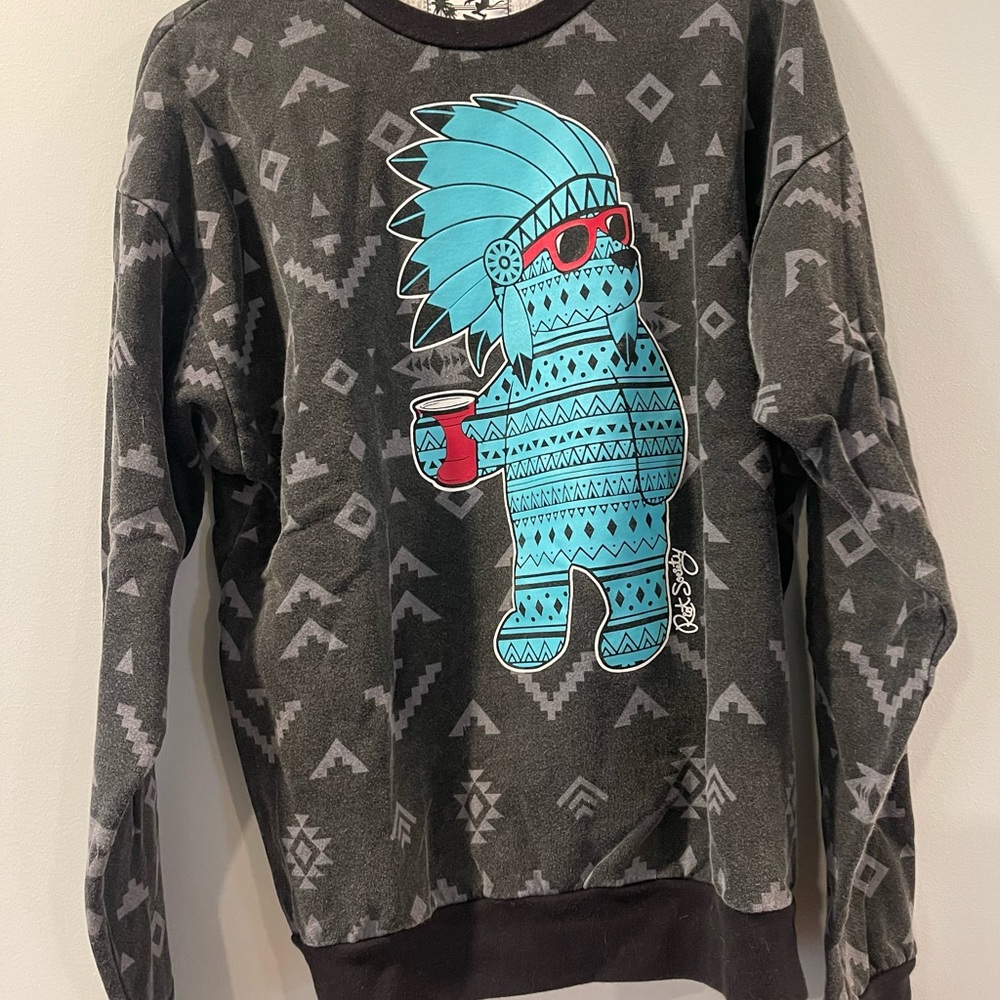 Riot Society Crewneck Sweatshirt Teal and Red Graphic Aztec Man with Red Cup